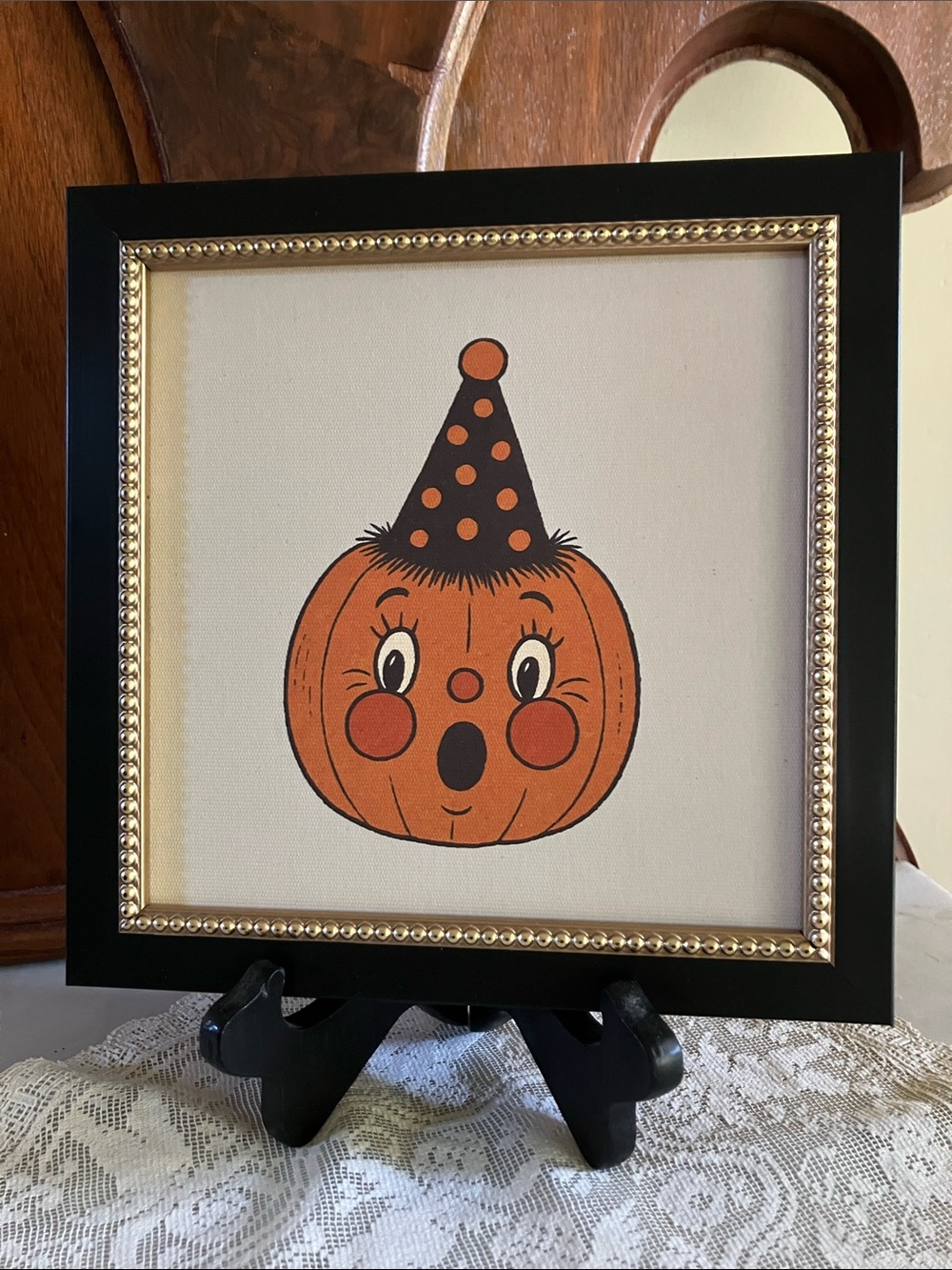 Party Pumpkin Clown Pumpkin w/Party Hat Framed Holiday Halloween Wall Art